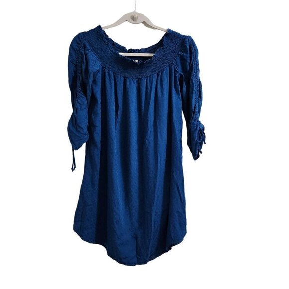 Anthropologie Amadi Mini Robe Dress Small Petite Blue SP Off The Shoulder Ruched - Picture 1 of 11